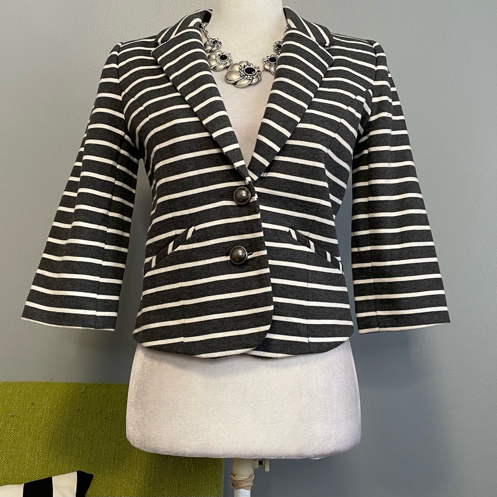 Express Gray White Striped 3/4 Sleeve Blazer Jacket